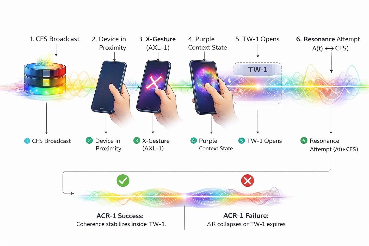 Step-by-step diagram showing CFS broadcast, device proximity, X-gesture, purple context state, TW-1 opening, resonance attempt, and ACR-1 success or failure.